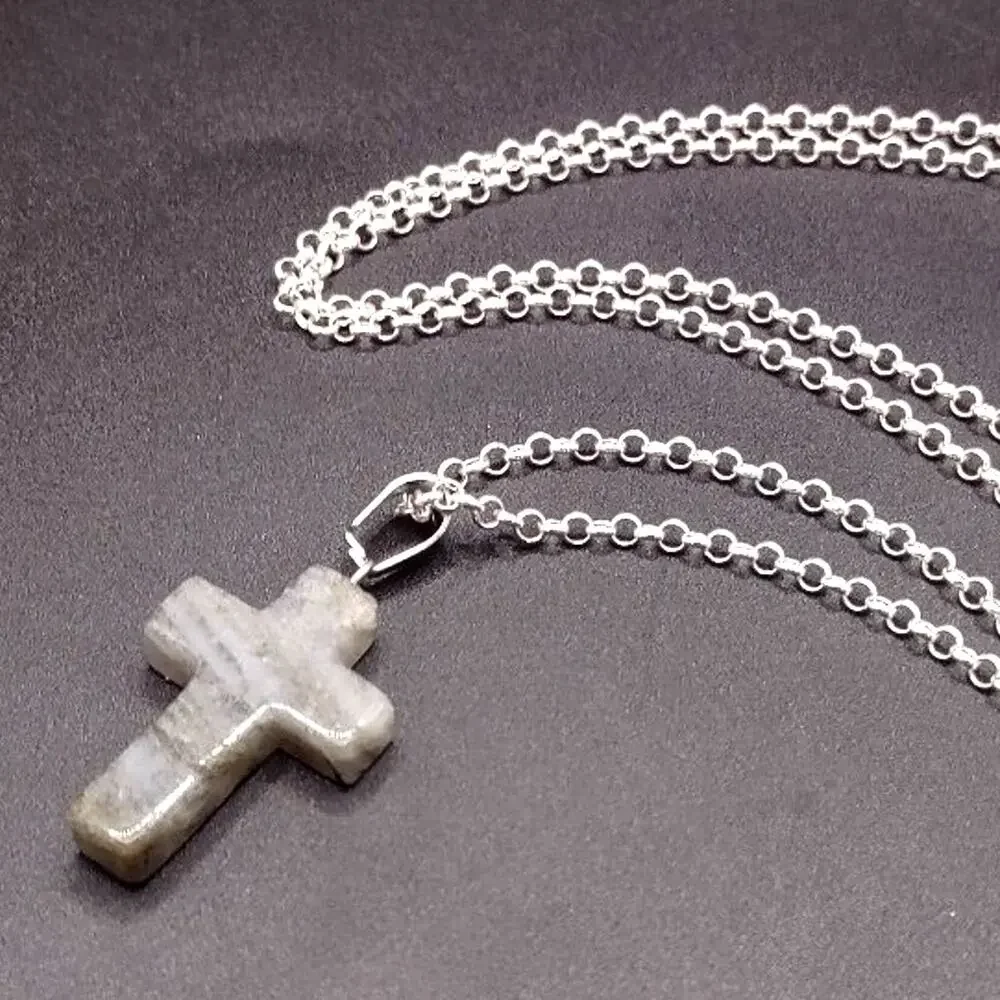 925 Silver Necklace With Gray Garnierite Cross Valentine Anniversary Birthday